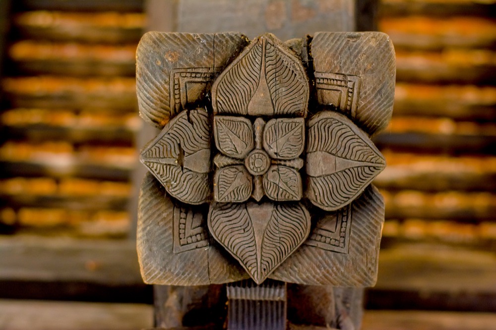 Carved wooden lotus at Embekke Devalaya, Kandy